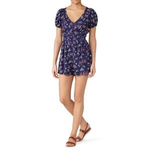 Louna Womens Navy Floral Puff Sleeve Romper Size M